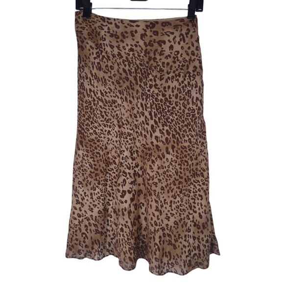 Y2K VTG Silk Leopard Print Midi Skirt Classic Boho Feminine Old Money Flowy Sz 6 - Picture 1 of 5